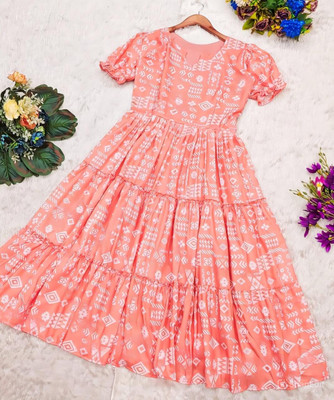 BLOOMORAA FASHION Women Fit and Flare Orange Midi/Calf Length Dress