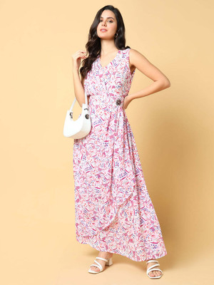 SHOWOFFFF Women Fit and Flare Pink Maxi/Full Length Dress