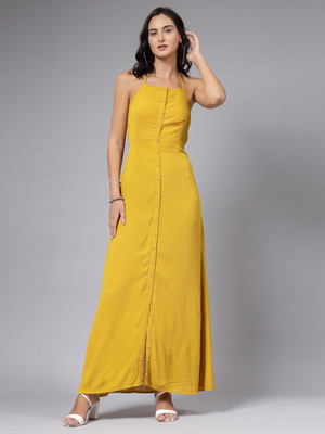 AAYU Women A-line Yellow Maxi/Full Length Dress