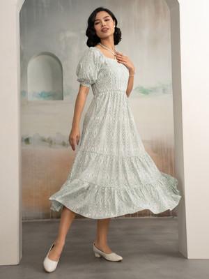 AASK Women Fit and Flare Green Midi/Calf Length Dress