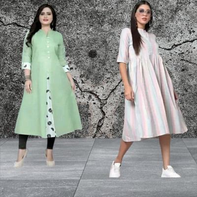 Texpamz Women Striped, Printed A-line Kurta(Green, White)