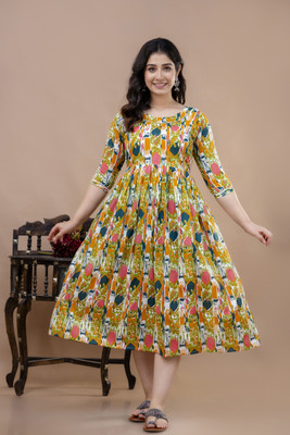 Stylishthreads Women Fit and Flare Yellow Midi/Calf Length Dress