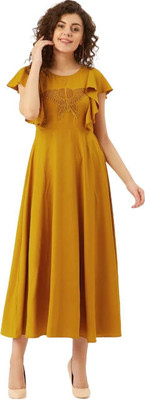 Ladiikway Women A-line Yellow Midi/Calf Length Dress