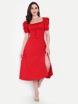 Elyraa Women A-line Red Midi/Calf Length Dress