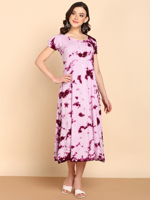 METRONAUT Women Fit and Flare Pink, Purple Midi/Calf Length Dress
