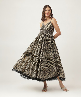 DIVENA Women Fit and Flare Black, Beige Midi/Calf Length Dress