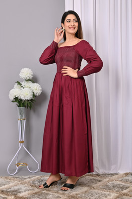 IQRAAR Women Fit and Flare Maroon Maxi/Full Length Dress
