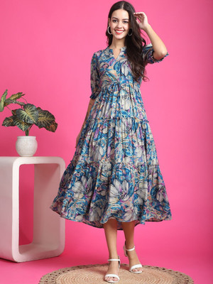 HouseOfCommon Women Fit and Flare Grey Midi/Calf Length Dress