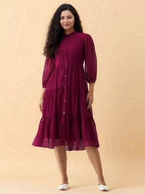 AASK Women Fit and Flare Maroon Midi/Calf Length Dress
