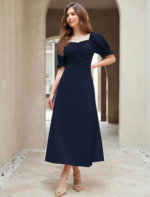 HouseOfCommon Women Fit and Flare Black Midi/Calf Length Dress
