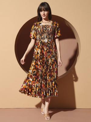 ZWERLON Women A-line Brown Midi/Calf Length Dress