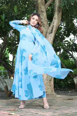 Yogiraj Enterprise Women Fit and Flare Light Blue Maxi/Full Length Dress