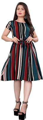 Gurudev Fashionn Women Fit and Flare Multicolor Knee Length Dress