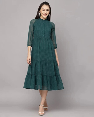 ColorMeGorgeous Women Fit and Flare Dark Blue Midi/Calf Length Dress
