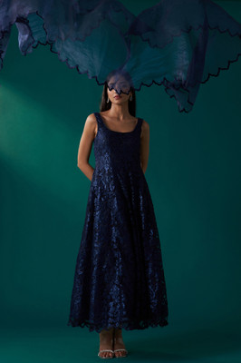 Wishful Women Fit and Flare Dark Blue Maxi/Full Length Dress