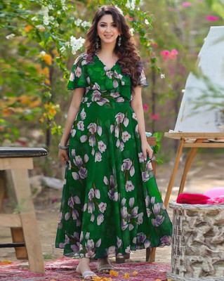 HouseOfCommon Women A-line Green Maxi/Full Length Dress