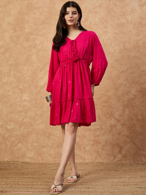DRAPE AND DAZZLE Women Fit and Flare Pink Above Knee/Mid Thigh Length Dress