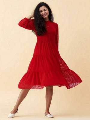 AASK Women Fit and Flare Red Midi/Calf Length Dress