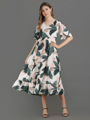 vechii Women A-line White Midi/Calf Length Dress