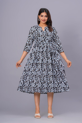 SQ KURTI Women Fit and Flare Black Midi/Calf Length Dress