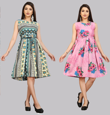 Hiral Creation Women Fit and Flare Pink Knee Length Dress