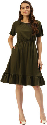 BRINNS Women Cinched Waist Green Knee Length Dress