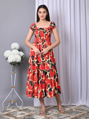 IQRAAR Women Fit and Flare Multicolor, Red, Black Midi/Calf Length Dress