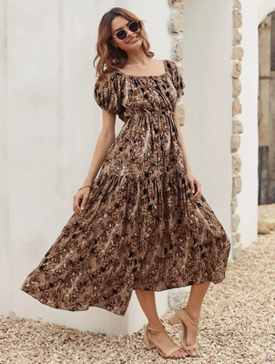 Dwarros Women Fit and Flare Brown Midi/Calf Length Dress