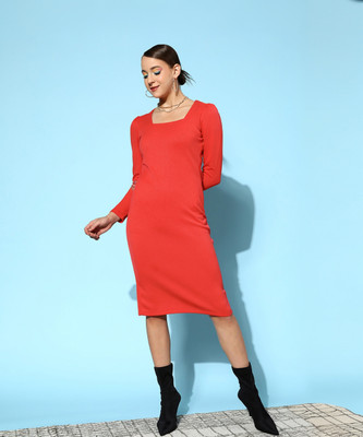 SASSAFRAS Women Bodycon Red Knee Length Dress