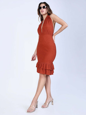 SHOWOFFFF Women Bodycon Brown Knee Length Dress