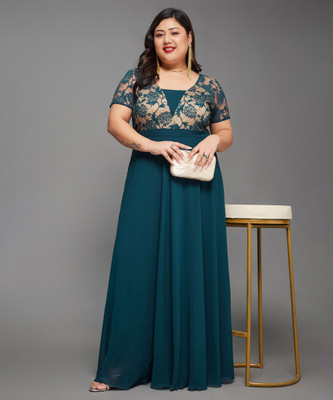 Miss Chase Women Fit and Flare Dark Blue, Beige Maxi/Full Length Dress