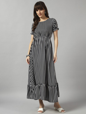 Raiyani Enterprise Women Fit and Flare Black, White Maxi/Full Length Dress