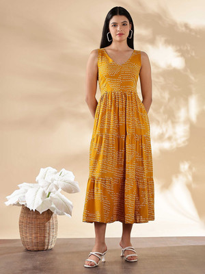 ANOUK Women Fit and Flare Yellow Midi/Calf Length Dress