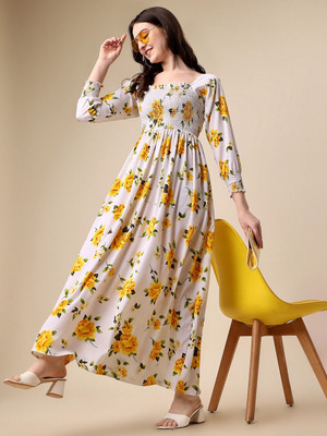 Sheetal Associates Women Fit and Flare Yellow, White, Green Maxi/Full Length Dress