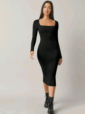 ZEROZABAR Women Bodycon Black Midi/Calf Length Dress