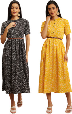 HEAVENS CREATIONS Women Fit and Flare Dark Green, Gold Midi/Calf Length Dress