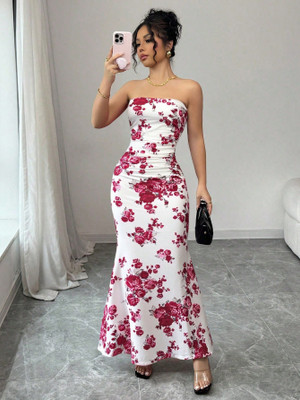 Caozynest Women Bodycon White, Pink Ankle Length Dress