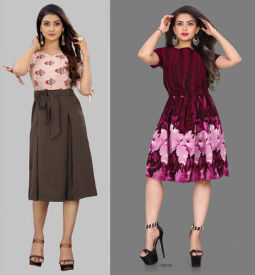 Hiral Creation Women Fit and Flare Brown Knee Length Dress