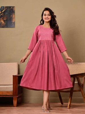 Priyankagarmen Women Gathered Pink Midi/Calf Length Dress