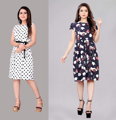 Hiral Creation Women Fit and Flare White Knee Length Dress