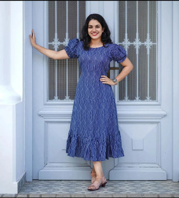 FOXDX Women A-line Blue Midi/Calf Length Dress