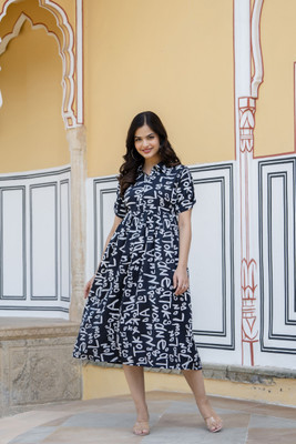 Nayo Women Fit and Flare Blue, White Midi/Calf Length Dress