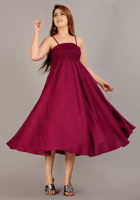 MEWEAR Women Fit and Flare Maroon Midi/Calf Length Dress