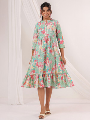 Janasya Women Gathered Light Green Midi/Calf Length Dress