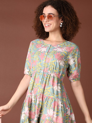V-MART Women A-line Green Above Knee/Mid Thigh Length Dress