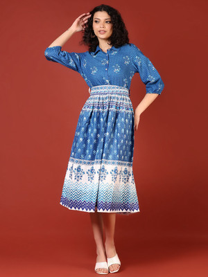 V-MART Women A-line Blue Midi/Calf Length Dress