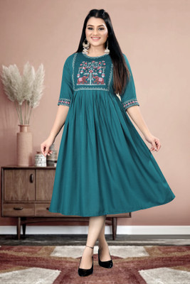 ShopGlobal Women Fit and Flare Blue Below Knee Dress