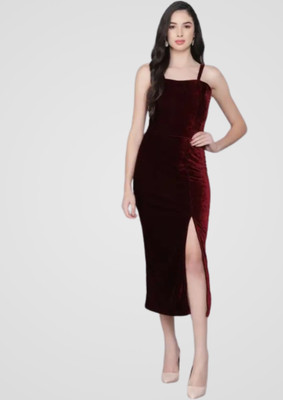 BELSHY Women Fit and Flare Maroon Below Knee Dress