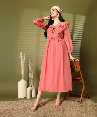 AAYU Women Fit and Flare Pink Midi/Calf Length Dress