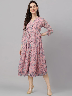 Janasya Women Fit and Flare Multicolor Midi/Calf Length Dress